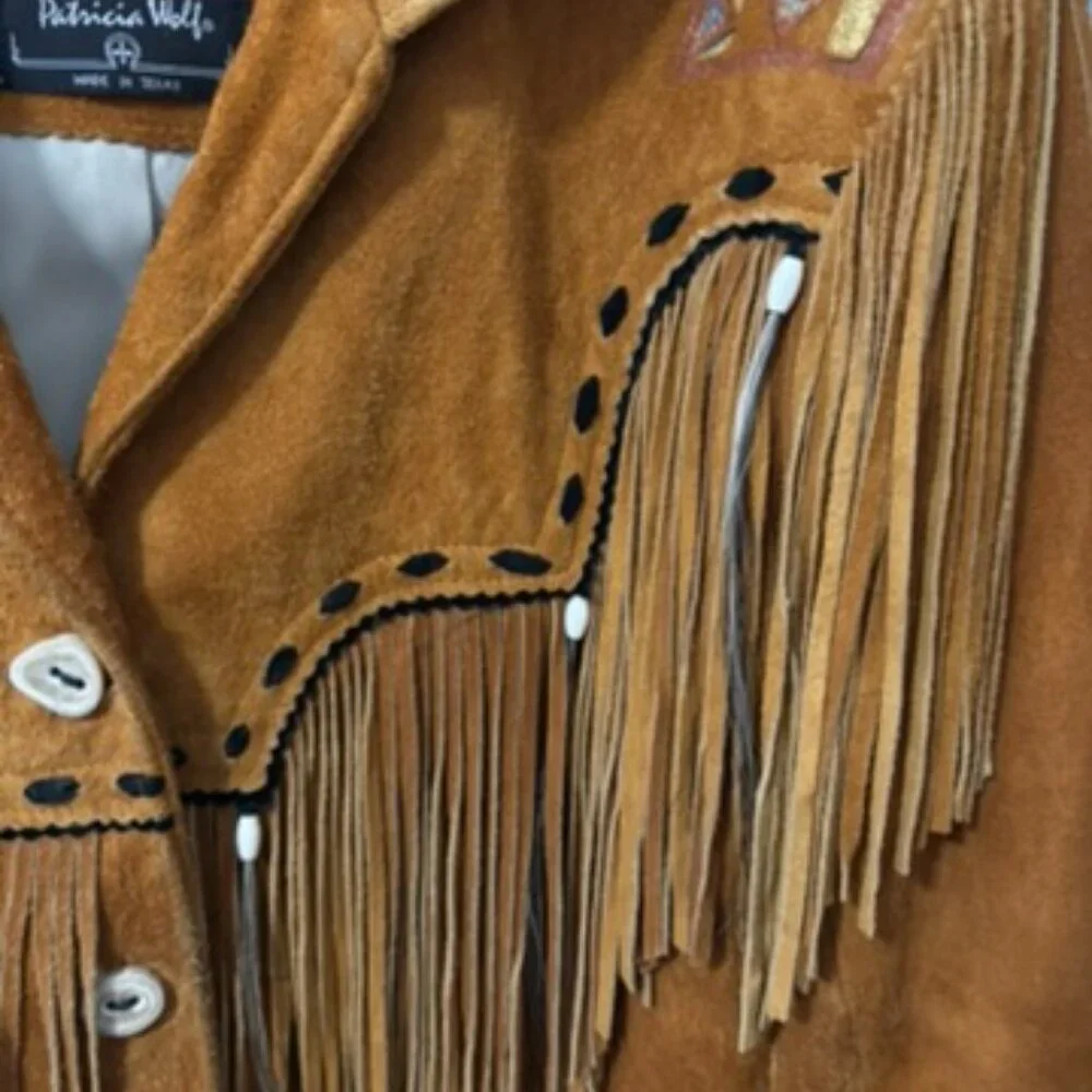 Rare Patricia Wolf Hand Painted Suede Fringe Jacket Western Made in Texas Small - Picture 4 of 10